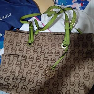 Michael Kors Tan and Green Signature Tote